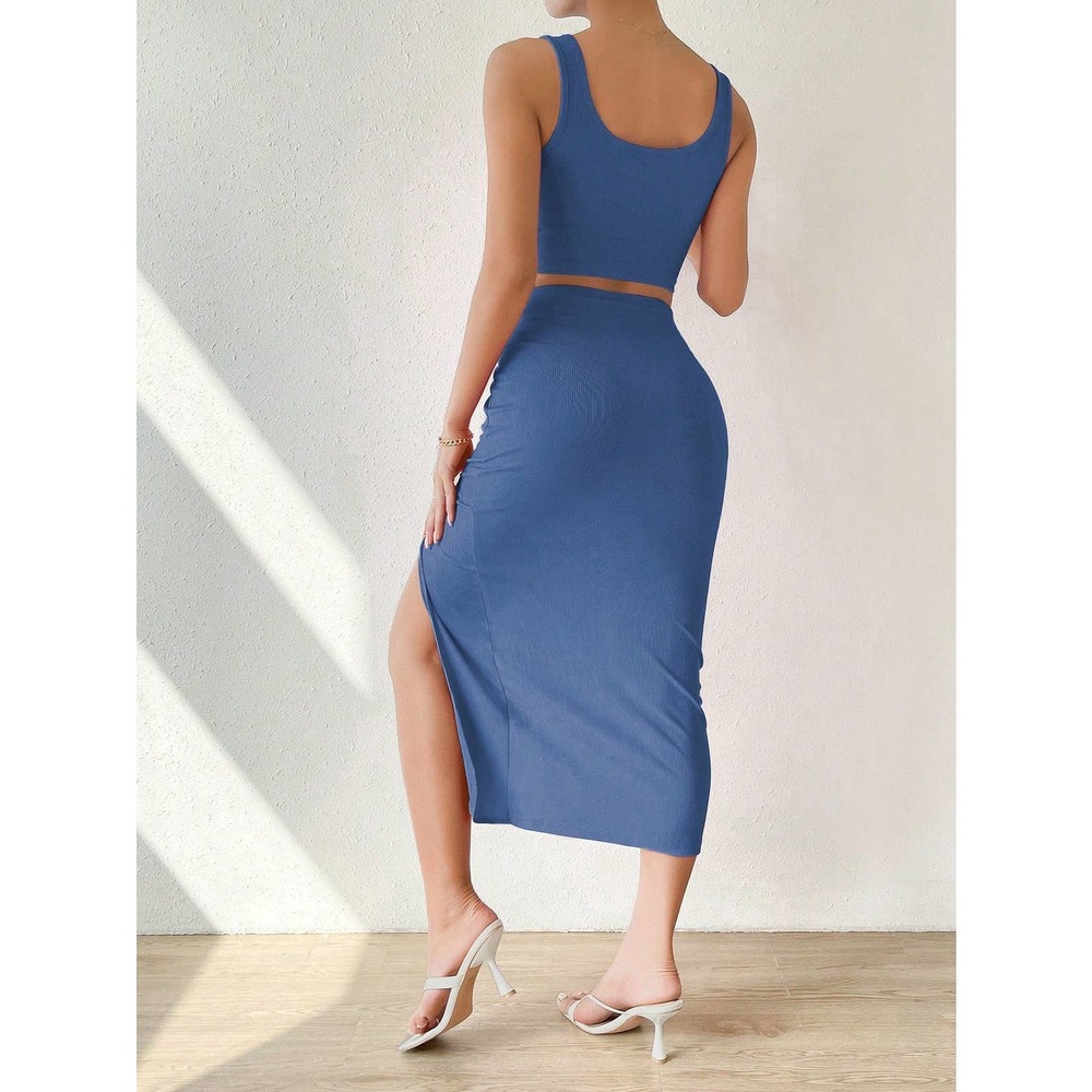 two piece set: Tank Top & Twist Front Split Thigh midi Skirt black - Picture 11 of 11